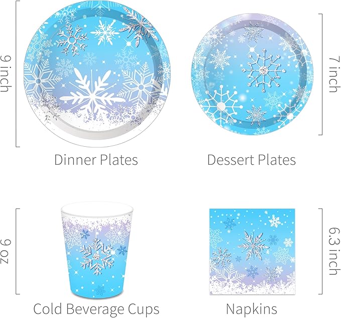 Snowflake Party Decorations,Winter,Christmas Include Blue Snow Party Plates, Dessert Plates,cups, Napkins (88pcs )