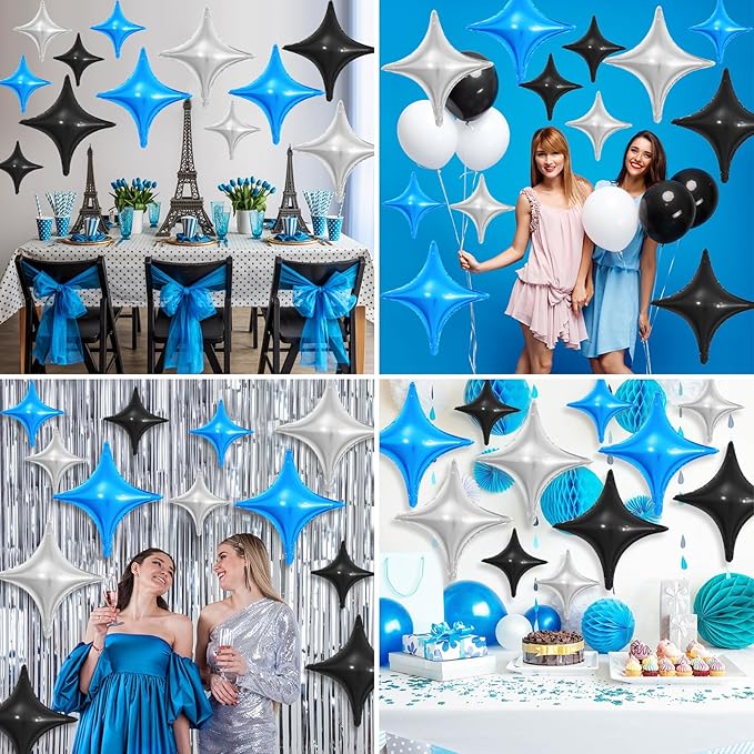 Black Blue Silver Star Balloons,12Pcs Four Angle Star Foil Balloons,26Inch and 10Inch Black Silver Blue Quadrangle Helium Balloon for Birthday Anniversary Party Decorations
