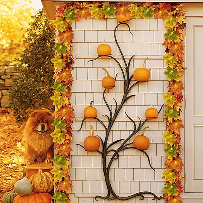 Fall Tricolor Autumn Maple Leaves Decoration Lights, 13.5FT Plug in Orange Yellow Green Maple Leaf String Lights with 35 LED Mini Bulbs for Thanksgiving Day Home Party Decor