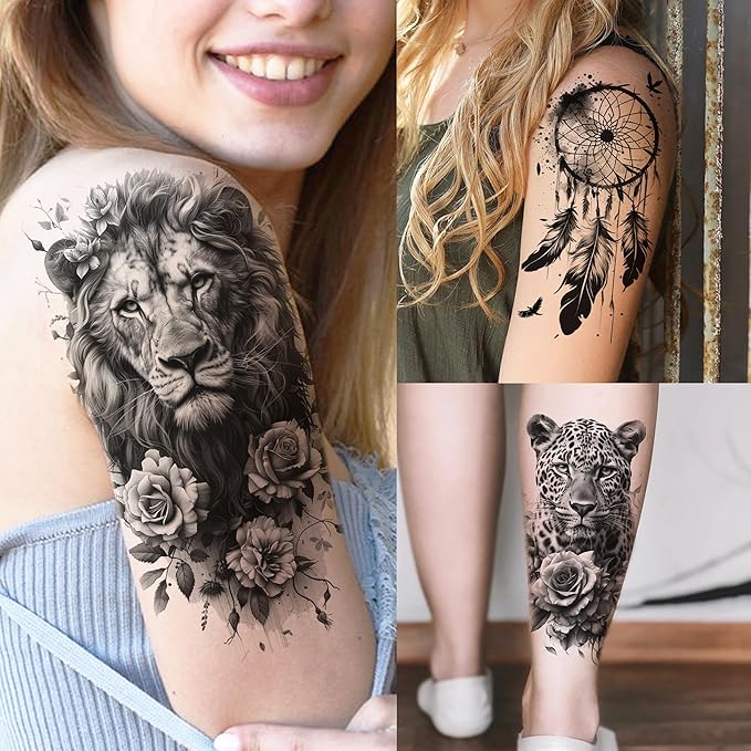 66 Sheets Snake Rose Flower Temporary Tattoos For Women Girls, Dragon Panda Florals Half Arm Sleeve Tattoo Sticker Dreamcatcher Floral, Skull Temp Butterfly Fake Tattoos For Adults Lion Tiger Leopard