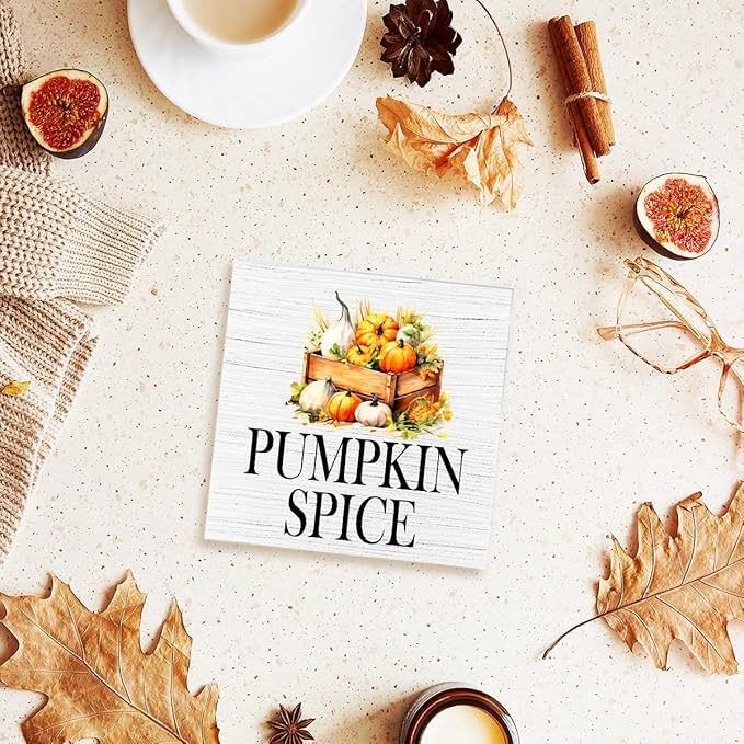Funny Autumn Wood Box Sign Pumpkin Spice Wooden Block Desk Decor for Home Office Kitchen Cubicle Table Shelf Tabletop,Farmhouse Fall Sign Decor
