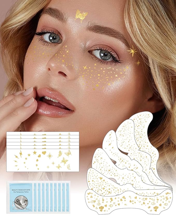 Glitter Freckles Face Tattoo Patches - 12PCS Temporary Sparkle Face Stickers with 10 Remover Wipes | Waterproof Festival Rave Party Makeup Accessories for Women Girls (Gold)