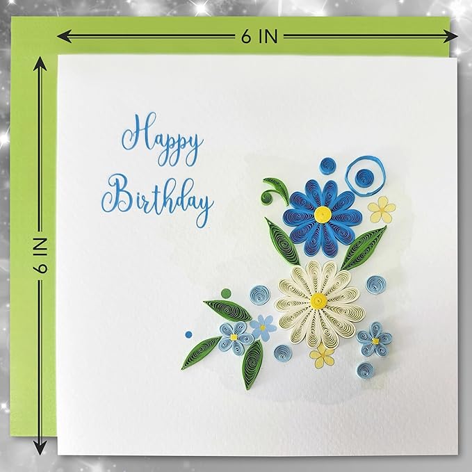 Quilled Birthday Card - Happy Birthday Quilled Floral Greeting Cards for Women -Blank Inside Quilling Cards for Woman- 6x6 Handmade 3D Paper Art Design with Luxury Green Envelope (Floral)