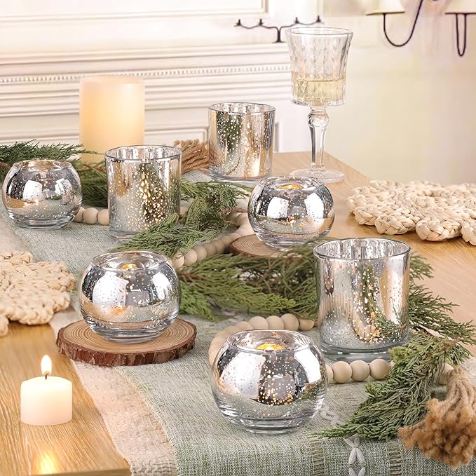 Volens 30pcs Assorted Silver Votive Candle Holders Bulk, Large Silver Wedding Centerpieces for Tables, Mercury Glass Votive & Tealight Candle Holders for Party Decorations and Home Decor