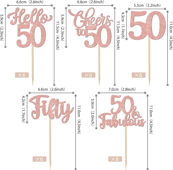 30PCS Happy 50th Birthday Cupcake Toppers Glitter Hello 50 Fabulous Fifty Cheers to 50 Years Old Birthday Cupcake Picks for Happy 50th Birthday Anniversary Party Cake Decorations Supplies Rose Gold