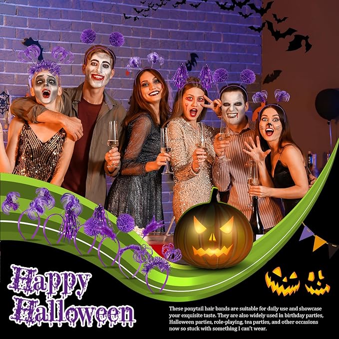 Censen 24 Pcs Pom Pom Headband Tinsel Wrapped Ponytail Head Bopper Costume Headwear Halloween Party Accessory