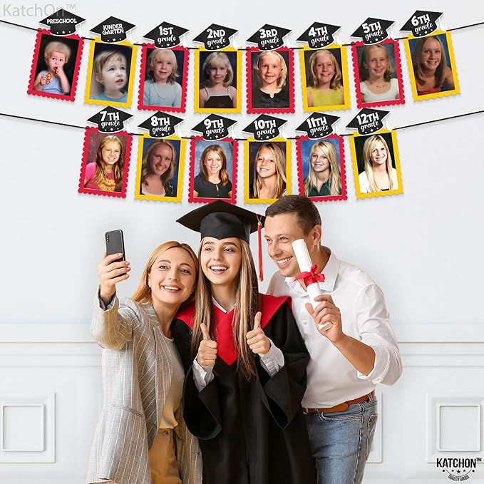 KatchOn, K-12 Graduation Photo Banner 5x7 - Large, 10 Feet | graduation Picture Banner for Yellow and Red Grad Party Decorations 2025 | Grad Backdrop for Graduation Decorations 2025