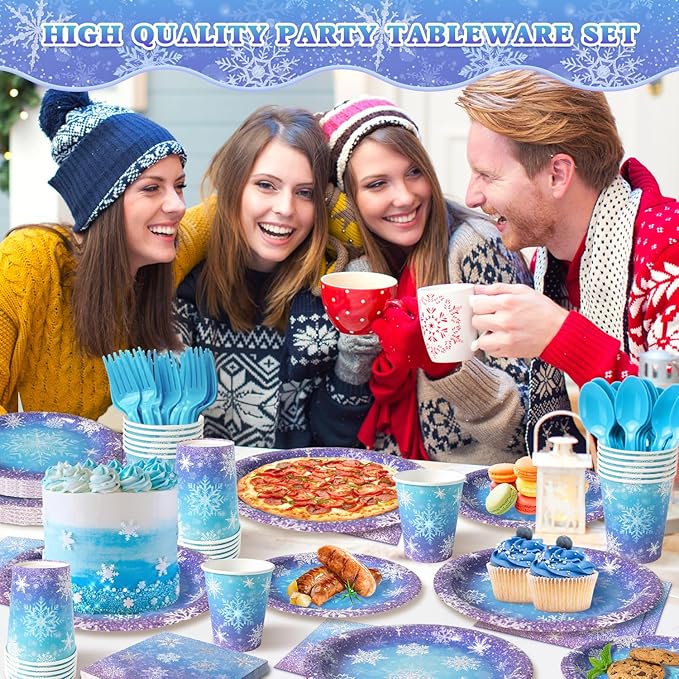 Frozen Birthday Party Decorations - Serve 24, Snowflake Party Supplies, Winter Wonderland Disposable Tableware Include Plates, Napkins, Cups, Forks, Knives, Spoons for Christmas
