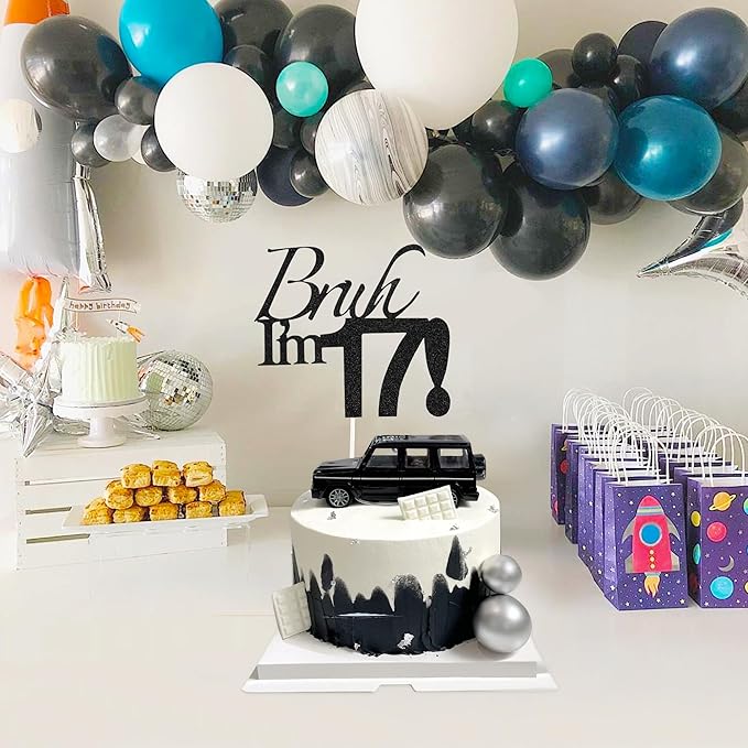 Bruh I'm 17 Cake Topper - Black Glitter Happy 17th Birthday Decorations for Boys Teens, Funny 17 Year Old Party Supplies, Bro I'm 17 Cake Decor (Bruh I'm 17！,17th)