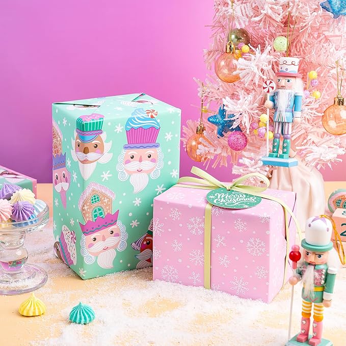 RUSPEPA Christmas Reversible Wrapping Paper Roll for Kids Girls, Mini Roll, Cute Santa Claus with Sweet Treats Design and Pink Snowflake for Holiday Gifts and Christmas Party, 17 Inches X 16.4 Feet