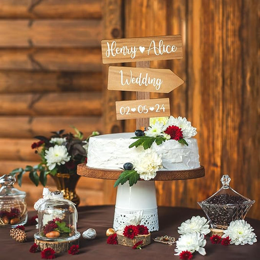 Personalized Rustic Wedding Cake Topper in Wood Custom Bride & Groom Names Initials Wedding Date Cake Decoration (Oak Texture)