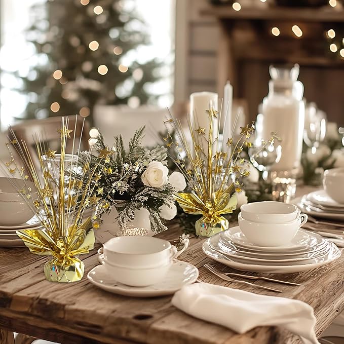 12 Pack Metallic Gold Foil Spray Centerpieces Stars Brust Table Centerpieces for Wedding Birthday Anniversary Holiday Party Decor, Metallic Star Balloon Wights for Party, Table Decor for Party