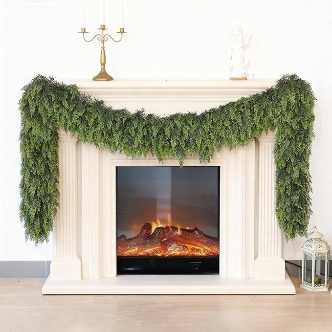 16FT Real Touch Cedar Garland for Fireplace - Artificial Christmas Garlands Realistic Faux Greenery Fake Pine Needles Garland for Holiday,Table, Window,Mantel,Stairs, Home,Indoor Outdoor Decor (1PCS)