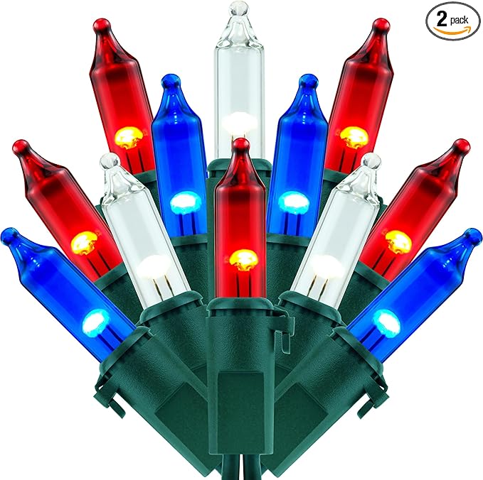 200 Red, White & Blue Christmas Lights, Pack of 2 Strands 100 Count 33 ft Green Wire Incandescent-Style LED String Light (Red, White & Blue)