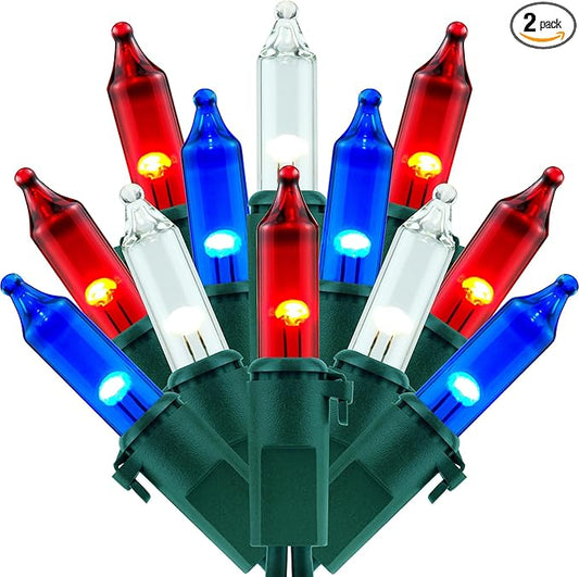 200 Red, White & Blue Christmas Lights, Pack of 2 Strands 100 Count 33 ft Green Wire Incandescent-Style LED String Light (Red, White & Blue)
