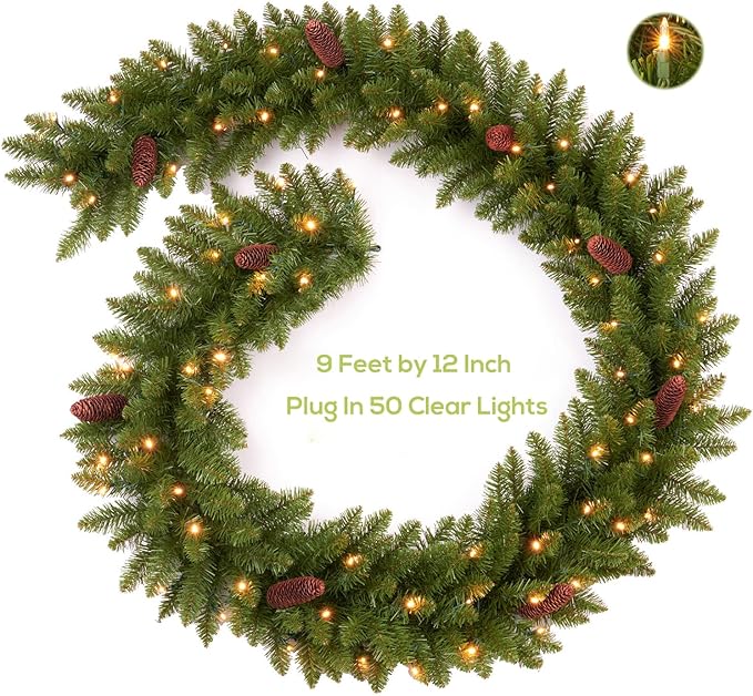 9Ft Pre-Lit Christmas Garland, Plug in, Green, 50 Clear Lights, Fireplace Stairs Mantle Door Indoor Outdoor, Decorated with Pine Cones