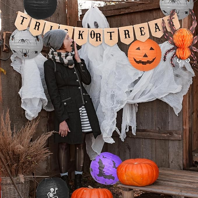 Mudra Crafts Hanging Spider Bat Skeleton Pumpkin Paper Lanterns Outdoor Indoor Jack-o’-Lantern Halloween Decorations Party Banner Set, Orange Black Purple 12-Inch Spooky Lamps