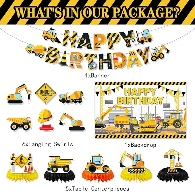 Construction Birthday Party Supplies, Truck Theme Party Decorations Include Happy Birthday Banner, Backdrop, Hanging Swirls, Honeycomb Centerpieces, Construction Birthday Party Supplies for Boys Kids