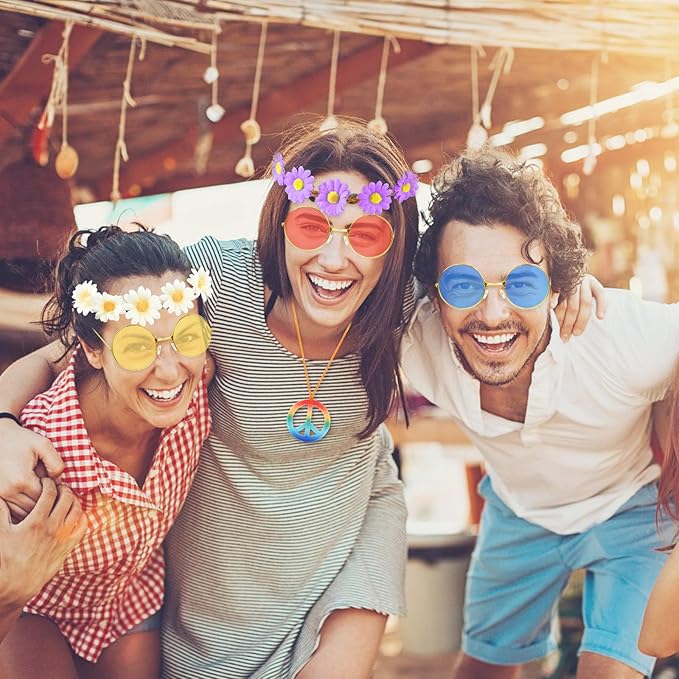 CHRORINE 24 Pcs Hippie Costume Accessory Set for Hippie Party Decorations Includes Flower Headbands Round Hippie Sunglasses Peace Sign Necklace