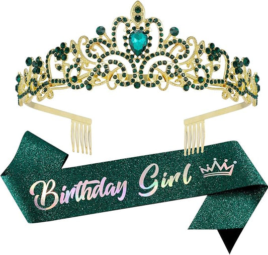 VELSCRUN Birthday Tiara & Crown Set - Princess Sash, Happy Birthday Girl Tiara, Party Decorations & Gifts