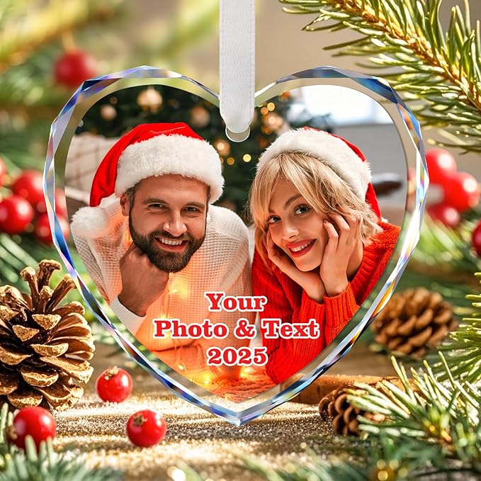 Personalized Christmas Ornaments 2025 with Photo & Text, Heart Acrylic Custom Christmas Ornament Wedding Gift for Family, Couples, Baby’s First Xmas, Bridal Shower Gifts for Bride