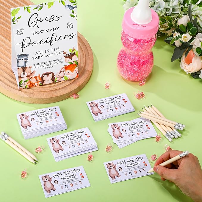 Roowest 512 Pcs Baby Shower Games Guess How Many Pacifiers Sign 100 Small Guessing Games 10 HB Pencils 750ml Milk Bottle 400 Acrylic Pacifiers Decoration for Guest Gender Reveal(Vivid,Woodland)