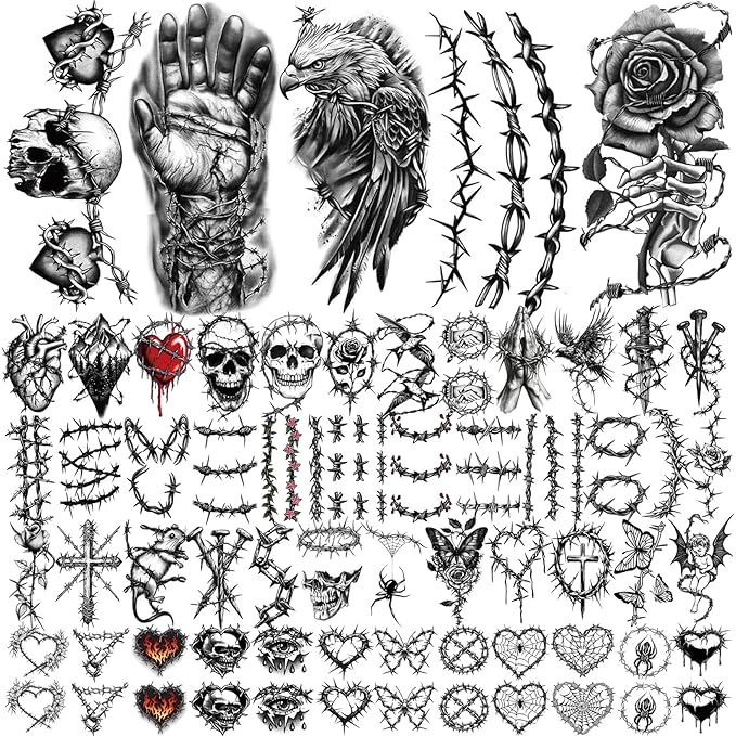 77 Sheets Temporary Tattoo for Women Men, 17 Sheets Half Arm Large Black Barbed Wire Fake Tattoos, 60 Sheets Skull Heart Flowers Tiny for Adult Kids Cosplay Party Body Tattoos Stickers Realistic