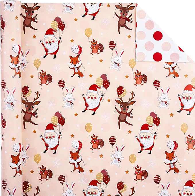 WRAPAHOLIC Reversible Christmas Wrapping Paper - Mini Roll - 17 Inch x 33 Feet - Red and Pink Dancing Santa Claus Reindeer and Colorful Polka Dots Design for Christmas, Holiday, Party