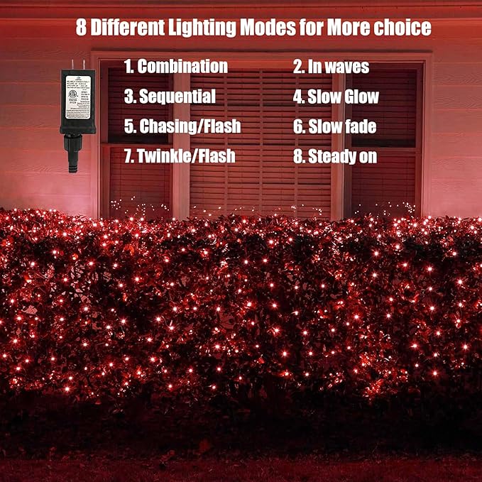 120Led Red Halloween Christmas Net Lights Outdoor 5ft x 6ft Connectable, 8 Modes Waterproof Black Wire 29V Plug in Mesh Net Christmas Lights for Garden, Yard, Bushes, Trunk, Xmas Tree Decor (Red)