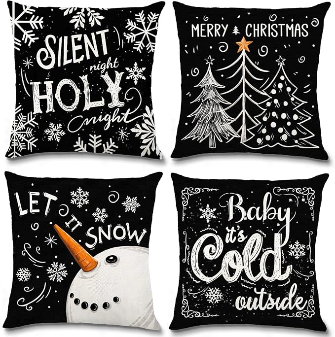 Christmas Pillow Covers - 18x18 inch Black Merry Christmas Snowflake Snowman Tree Decorations Throw Cushion Case for Indoor Home Bedroom Couch Decor