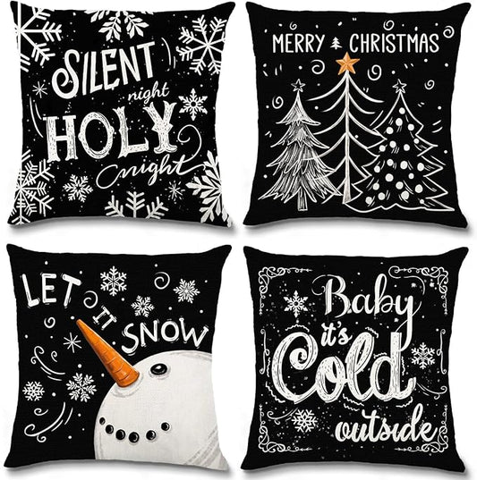 Christmas Pillow Covers - 18x18 inch Black Merry Christmas Snowflake Snowman Tree Decorations Throw Cushion Case for Indoor Home Bedroom Couch Decor