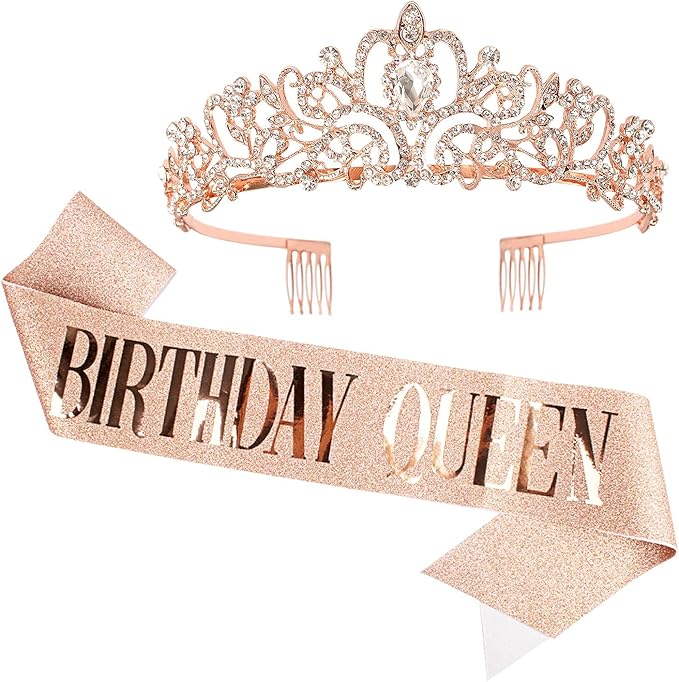 Velscrun Birthday Queen Tiaras Crown for Women, Girls Princess Crowns for Women, Queen Tiara for Mom, Rose Gold Birth Crown Headband Birth Sash, 30th 40th 50th Birthday Prom Party Decorations for Mom