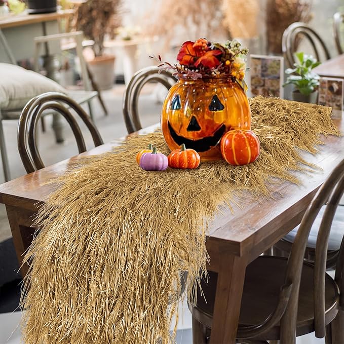 XLX TURF Artificial Thatch Straw Table Runner 13 X 72 Inch - Yellow Hay Grass Table Centerpiece Decor Western Halloween Nativity Party Jungle Birthday Tiki Mexican Style, Home DIY Crafts