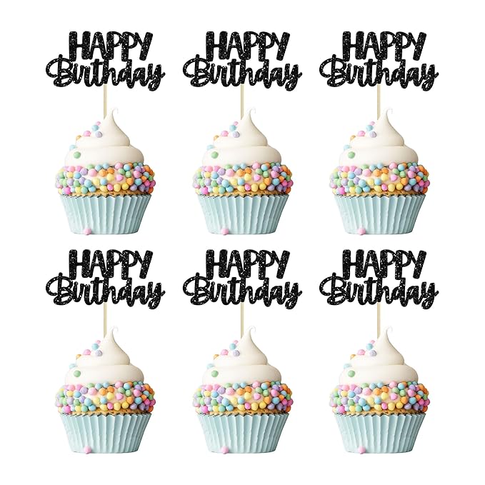 Gyufise Happy Birthday Cupcake Toppers Black Glitter Birthday Cake Topper Picks Dessert Topper Decoration for Birthday Party Anniversary Celebration