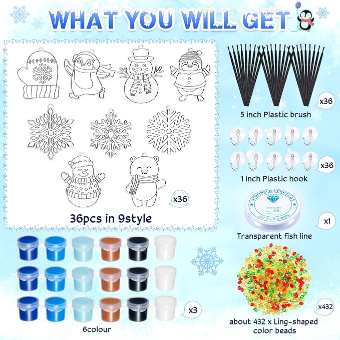 Capoda 36 Sets Snowflake Suncatchers Ornaments Decorations Snowman Suncatchers Craft Kits Hanging Sun Catchers Winter DIY Window Paint Art for Boys Girls Christmas Winter Home Party Activity