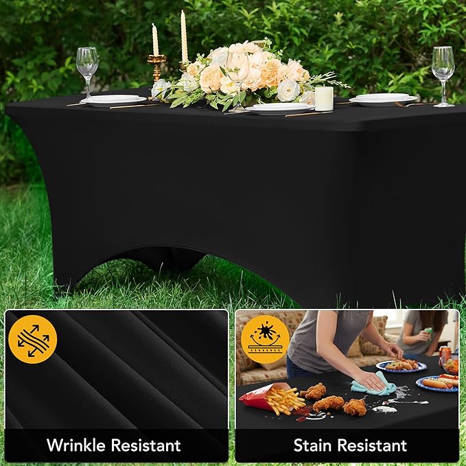 6-Pack Premium Black Spandex Tablecloths for 6ft Rectangle Tables, Stain & Wrinkle-Resistant, Washable Stretch Polyester Fitted Table Cover for Weddings, Banquets, Trade Shows Events