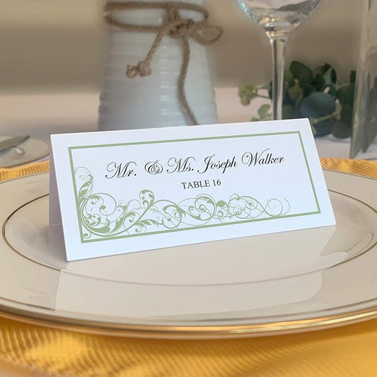 Scribble Vintage Swirl Place Cards, Sage (Choose Color), Set of 25, Pre-cut and Scored - Wedding, Party, Dinner, and Special Events - Made in the USA