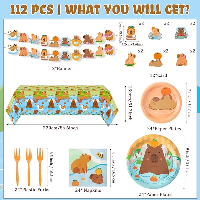 Capybara Party Decoration - Serves 24 - 112Pcs Cute Cartoon Capybara Party Supplies, Animal Orange Disposable Plate Napkin Forks Tablecloth Banner Card, for Kids Birthday Baby Shower