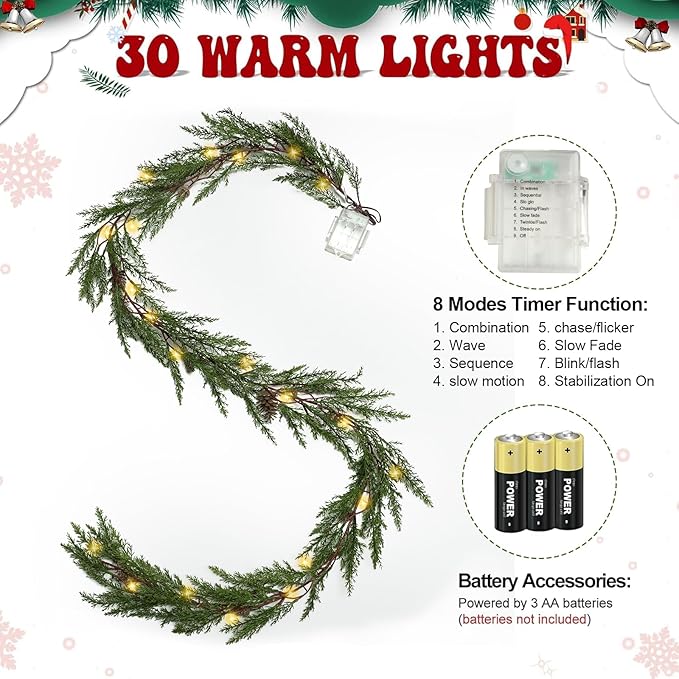 6 Ft Christmas Garland with Lights, 30 Warm Lights with 8 Modes,Prelit Christmas Garland with Pine Cones,Garland for Mantle, Ceadr Garlands Realistic,Outdoor Indoor Christmas Decorations