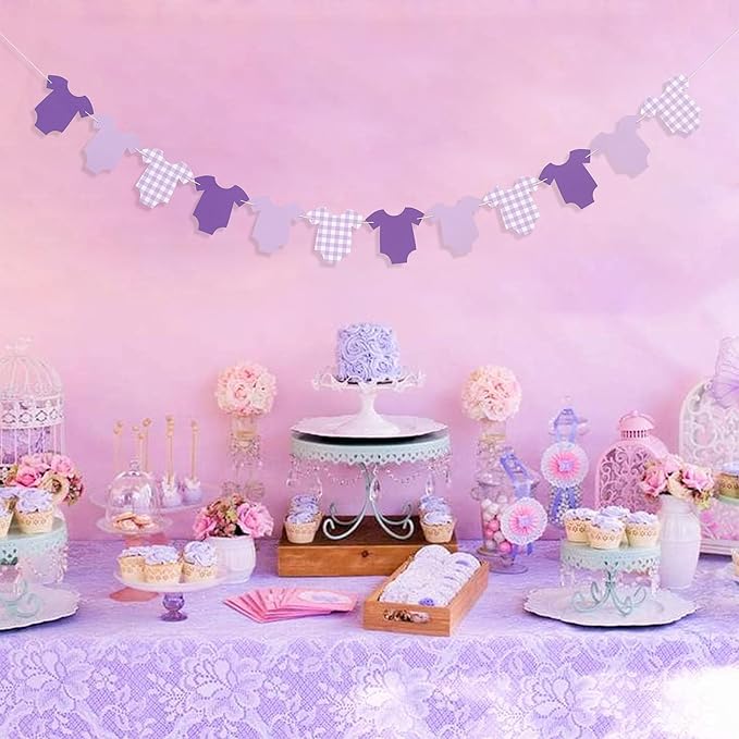 Purple Bodysuit Banner - Baby Shower Decoration Gingham Banner,Baby Bodysuit Gender Reveal Party (Purple)