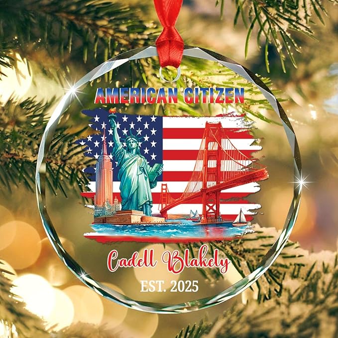 Personalized American Landmarks Xmas Ornament Gift for Citizenship Celebration, New US Citizen Glass Christmas Ornament 2025, Custom Year & Name American Citizen Xmas Ornament Gift for Family Friends