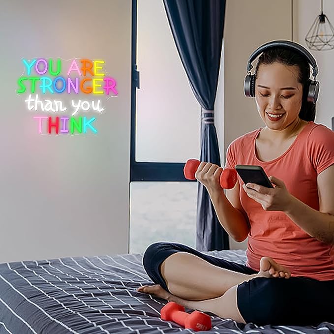 You Are Stronger Than You Think Neon Sign for Wall Decor Colorful Letter Neon Light Inspirational Light Up Sign for Classroom Bedroom Gym House Man Cave Kid’s Room Family(16.5 * 12.5in)