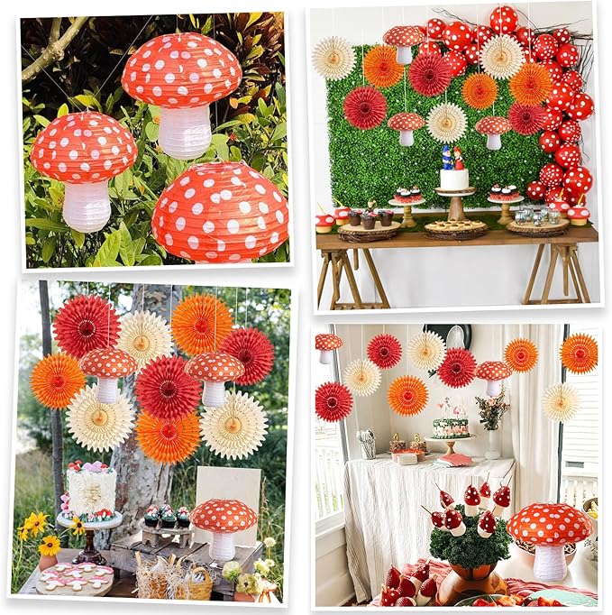 Homarkable Mushroom Paper Lanterns Paper Fans, Mushroom Party Decorations, with 3 Mushroom Lanterns 12 Inches, Red Orange Folding Fans, Honeycomb Party Decorations for Nursery Garden Forest Party
