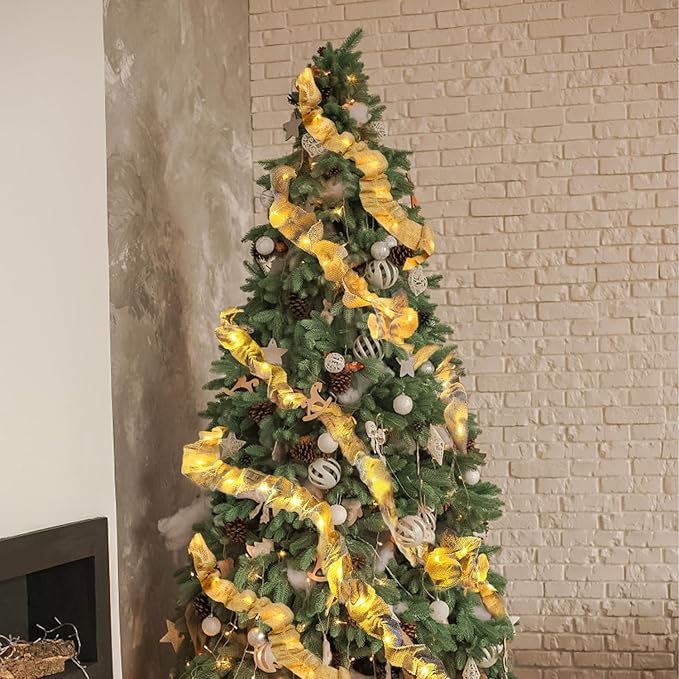 Lighted Burlap Ribbon Garland Christmas Tree Decorations 9 Ft x 6-Rolls Pre-Lit Burlap Christmas Garland with LED Lights Battery Operated, Rustic Boho Natural Jute Vintage Country Farmhouse Home Decor