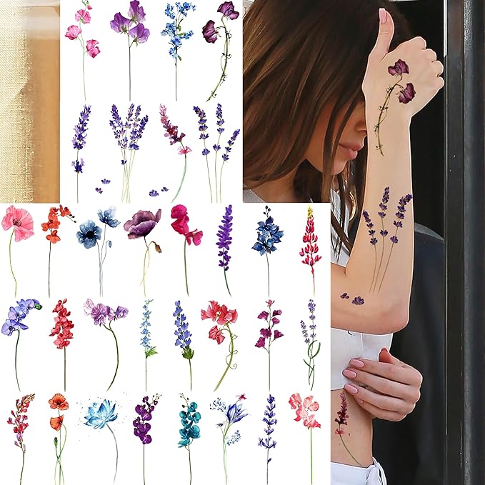 15 Sheets Watercolor Flower Lavender Temporary Tattoos For Women Adults, Water Color Tiny Wild Floral Tattoo Sticker, Fake Tattoos That Look Real And Long Lasting