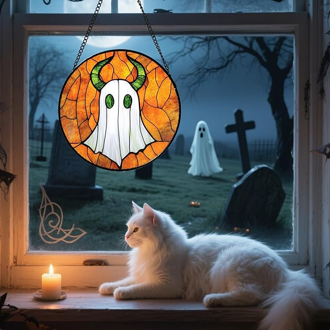 Stained Glass Window Hanging - Halloween Decoration Fantasy Green Horned Ghost Suncatcher for Door Garden Spooky Sun Catchers Gothic Decor Horror Gifts for Women Men Friend Boy Girl 11.8 in
