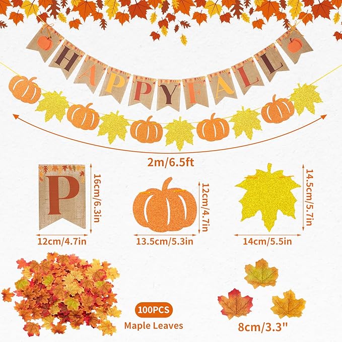 Pre-Strung Happy Fall Burlap Banner, Pumpkin Banner, and 100 Pcs Maple Leaf Confetti for Autumn Fall Thanksgiving Home Decorations