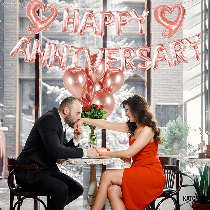 KatchOn Rose Gold Anniversary Balloons - 18 inch Letters, Hook Heart | Rose Gold Anniversary Banner & Backdrop
