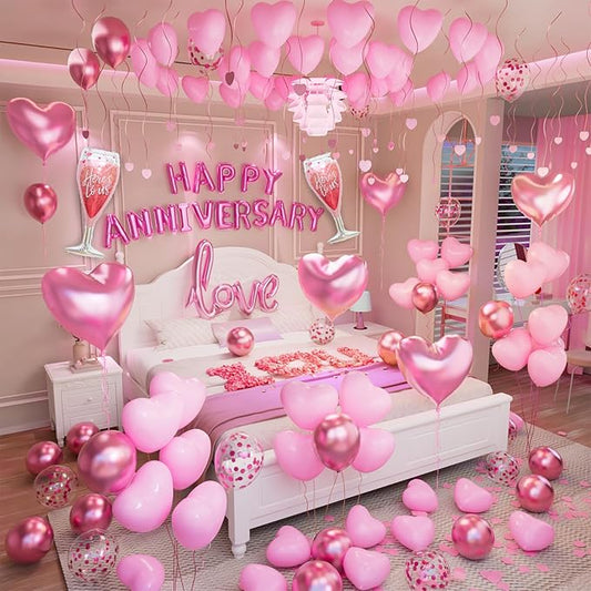 Pink Valentine's Day Balloons Kit With Happy Anniversary Banner - Heart Balloons for Decorations and Anniversary