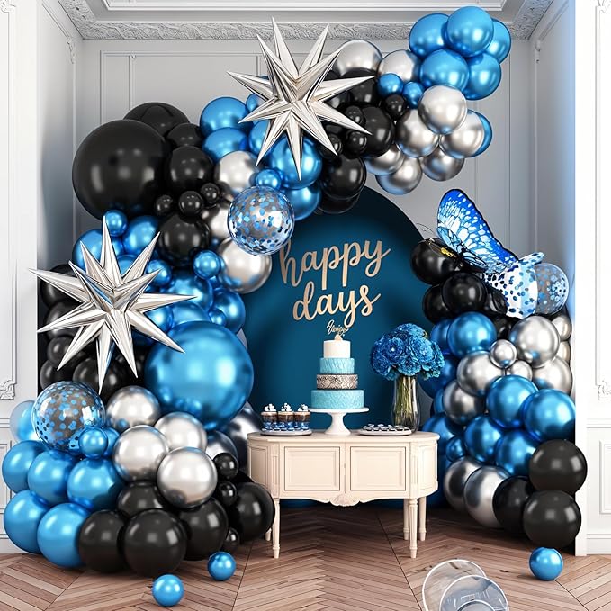 Blue Silver Black Balloon Arch Kit,Balloon Garland with Blue Confetti Star Foil Balloons for Graduation Baby Shower Birthday Anniversary Retirement Party Decorations
